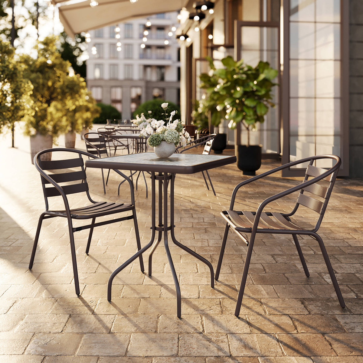 23.5" Square Glass Metal Table with 2 Metal Aluminum Slat Stack Chairs - Image 2