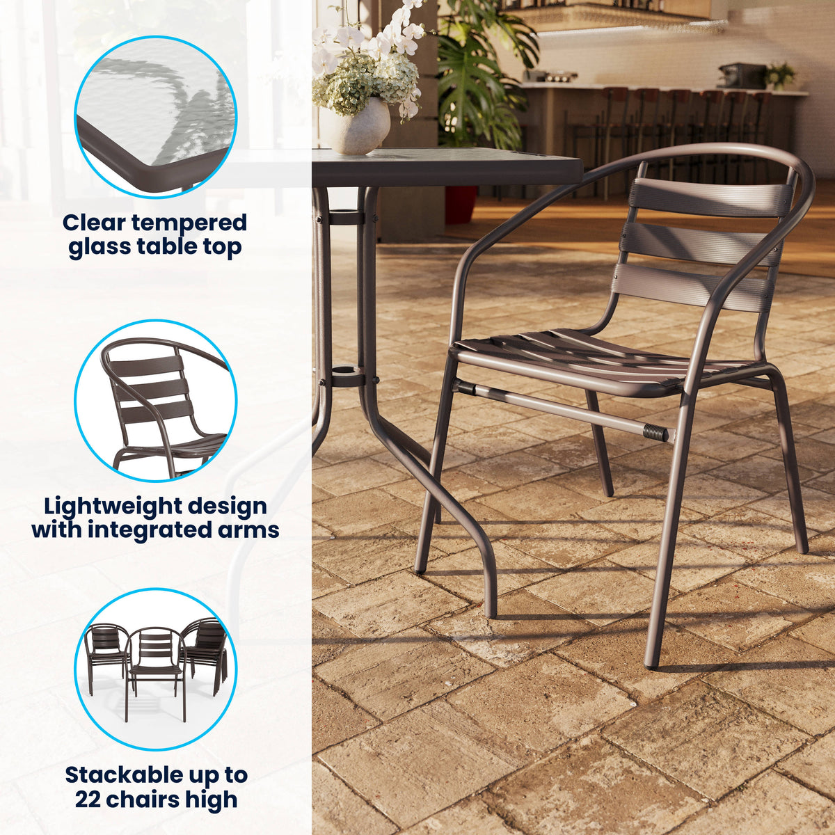 23.5" Square Glass Metal Table with 2 Metal Aluminum Slat Stack Chairs - Image 3