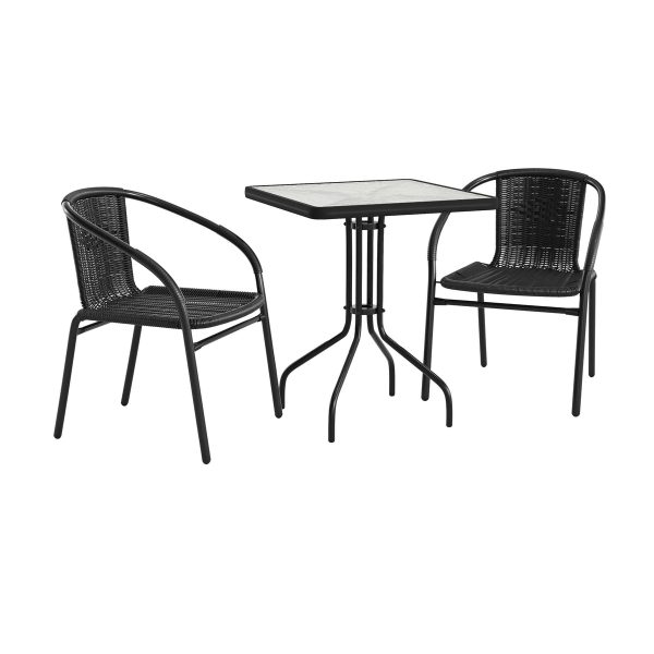 23.5" Square Glass Metal Table with 2 Rattan Stack Chairs