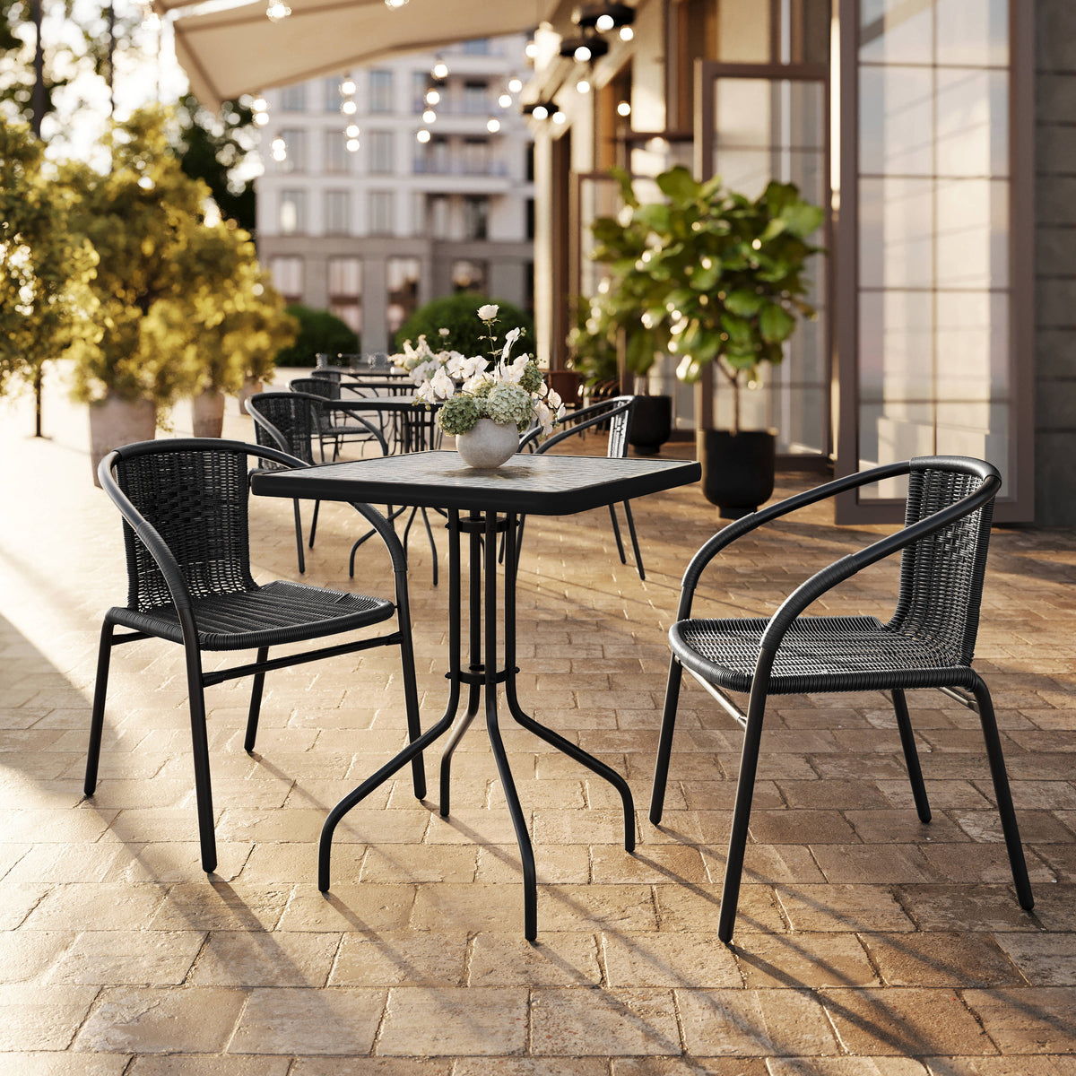 23.5" Square Glass Metal Table with 2 Rattan Stack Chairs - Image 2
