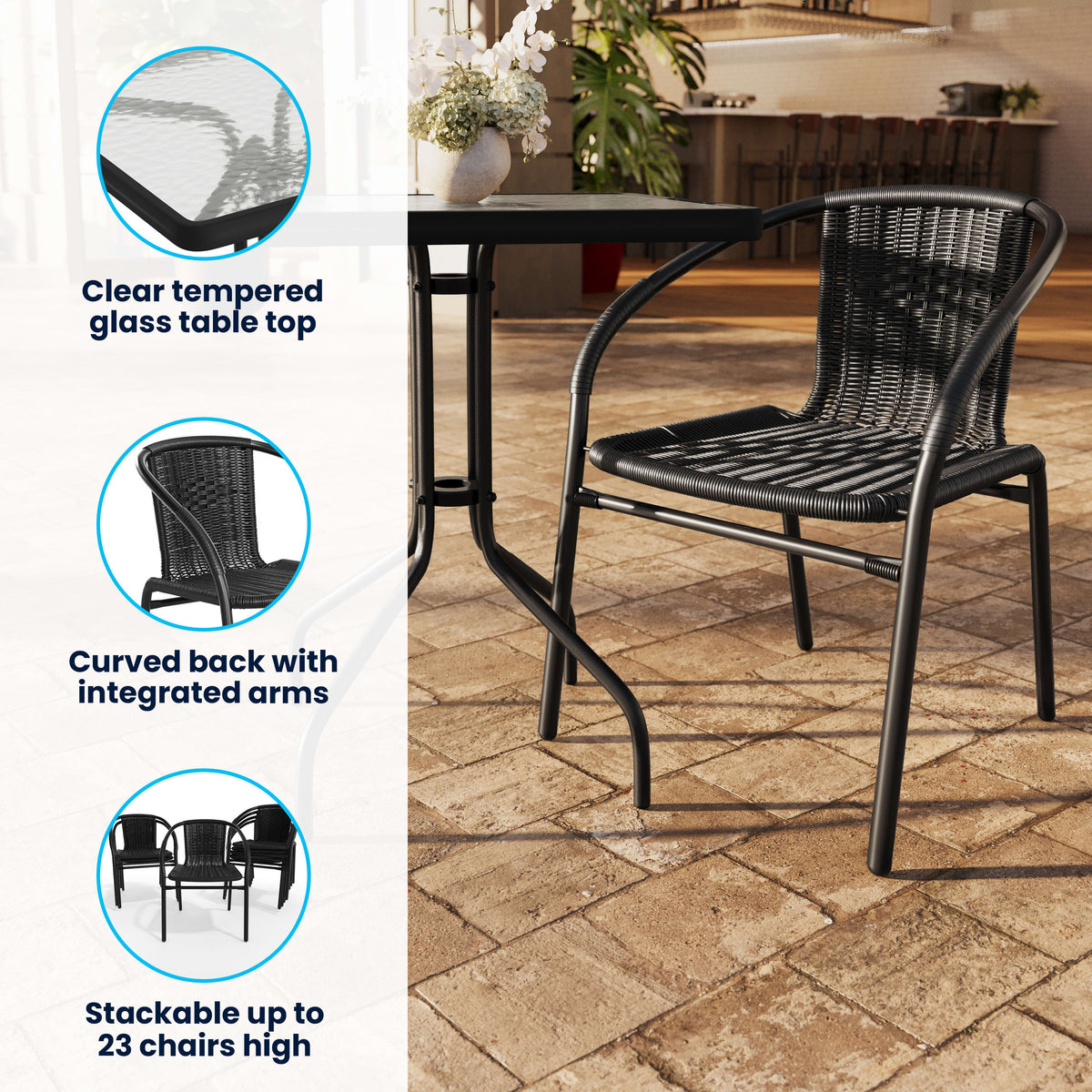 23.5" Square Glass Metal Table with 2 Rattan Stack Chairs - Image 3
