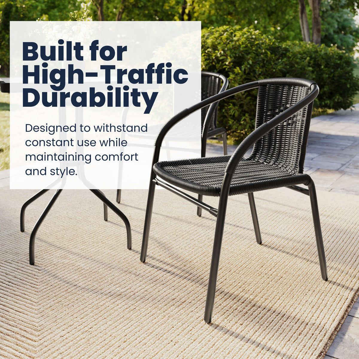 23.5" Square Glass Metal Table with 2 Rattan Stack Chairs - Image 4
