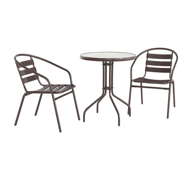 23.75" Round Glass Metal Table with 2 Metal Aluminum Slat Stack Chairs