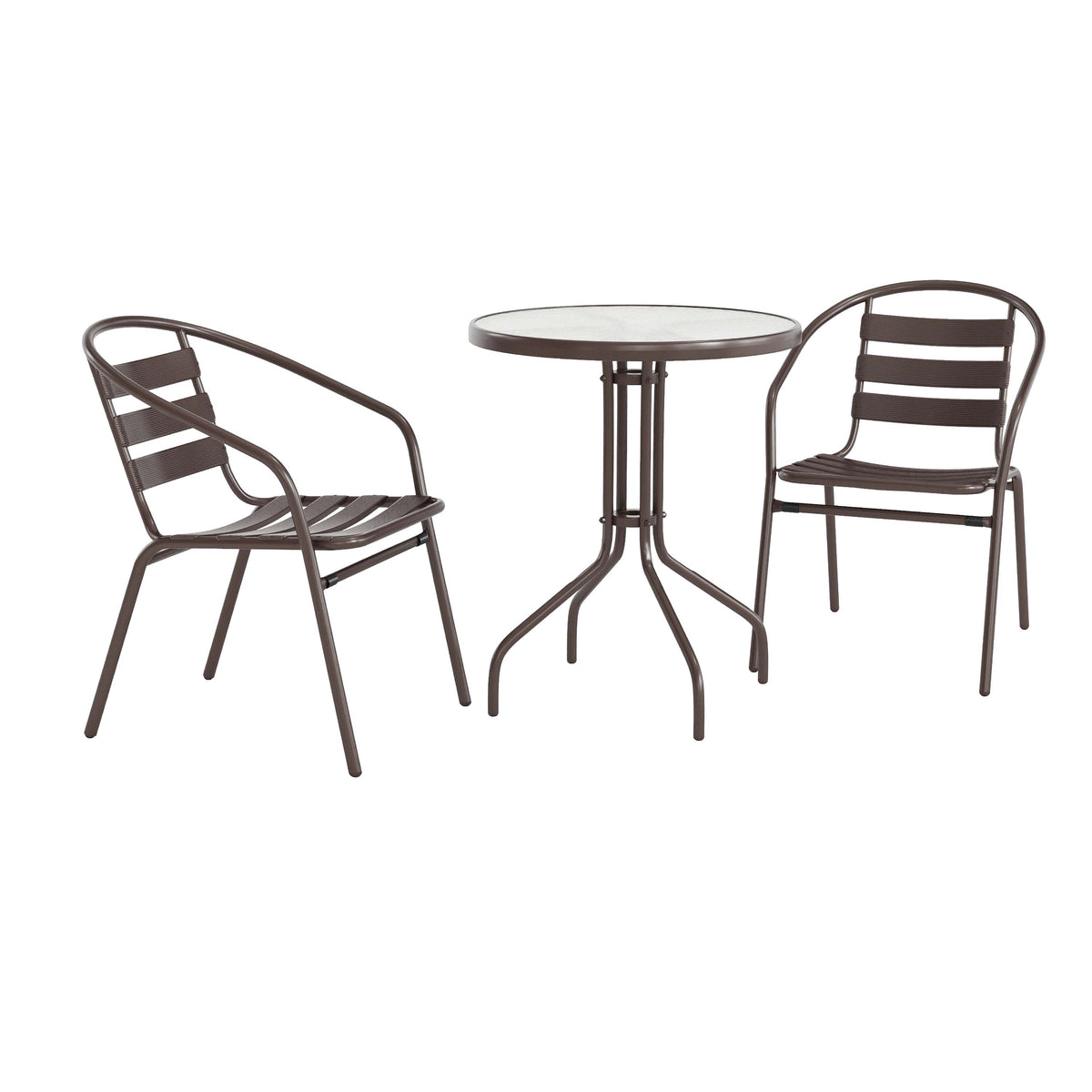 23.75" Round Glass Metal Table with 2 Metal Aluminum Slat Stack Chairs