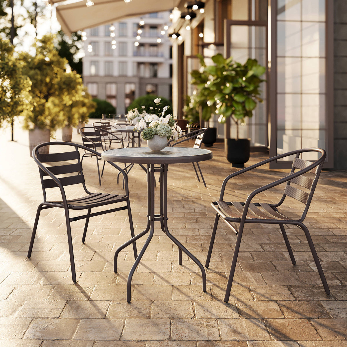 23.75" Round Glass Metal Table with 2 Metal Aluminum Slat Stack Chairs - Image 2