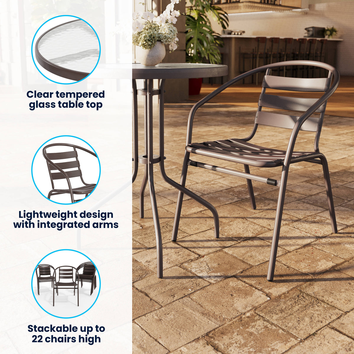23.75" Round Glass Metal Table with 2 Metal Aluminum Slat Stack Chairs - Image 3
