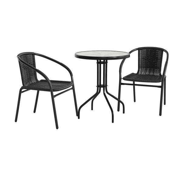 23.75" Round Glass Metal Table with 2 Rattan Stack Chairs