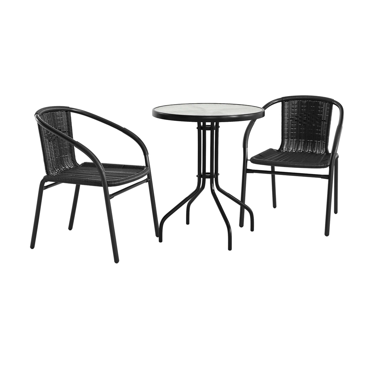 23.75" Round Glass Metal Table with 2 Rattan Stack Chairs