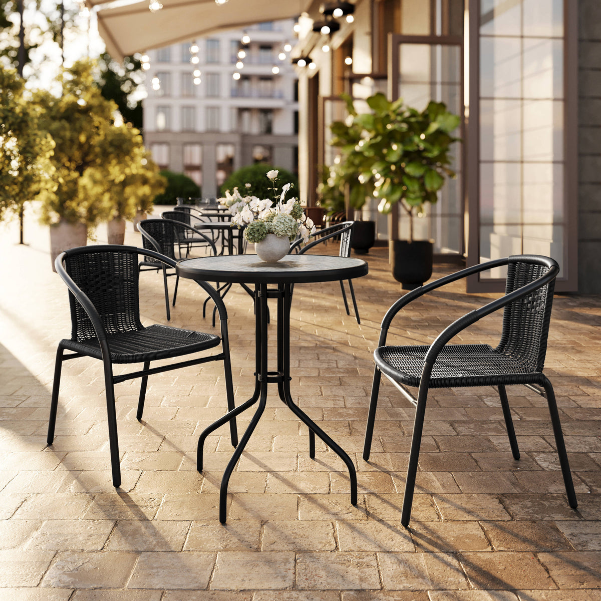 23.75" Round Glass Metal Table with 2 Rattan Stack Chairs - Image 2