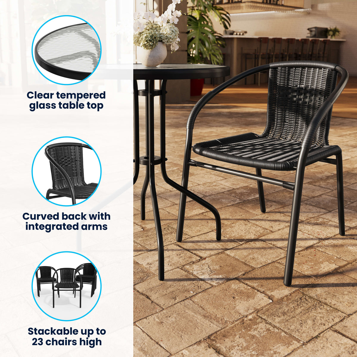 23.75" Round Glass Metal Table with 2 Rattan Stack Chairs - Image 3