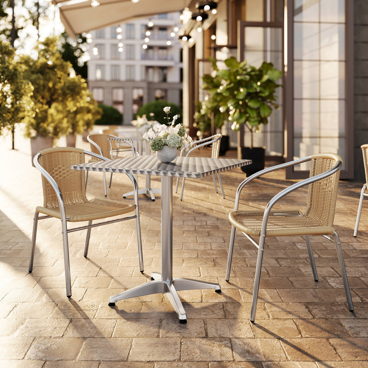 27.5'' Square Aluminum Indoor-Outdoor Table Set with 2 Rattan Chairs - Image 2