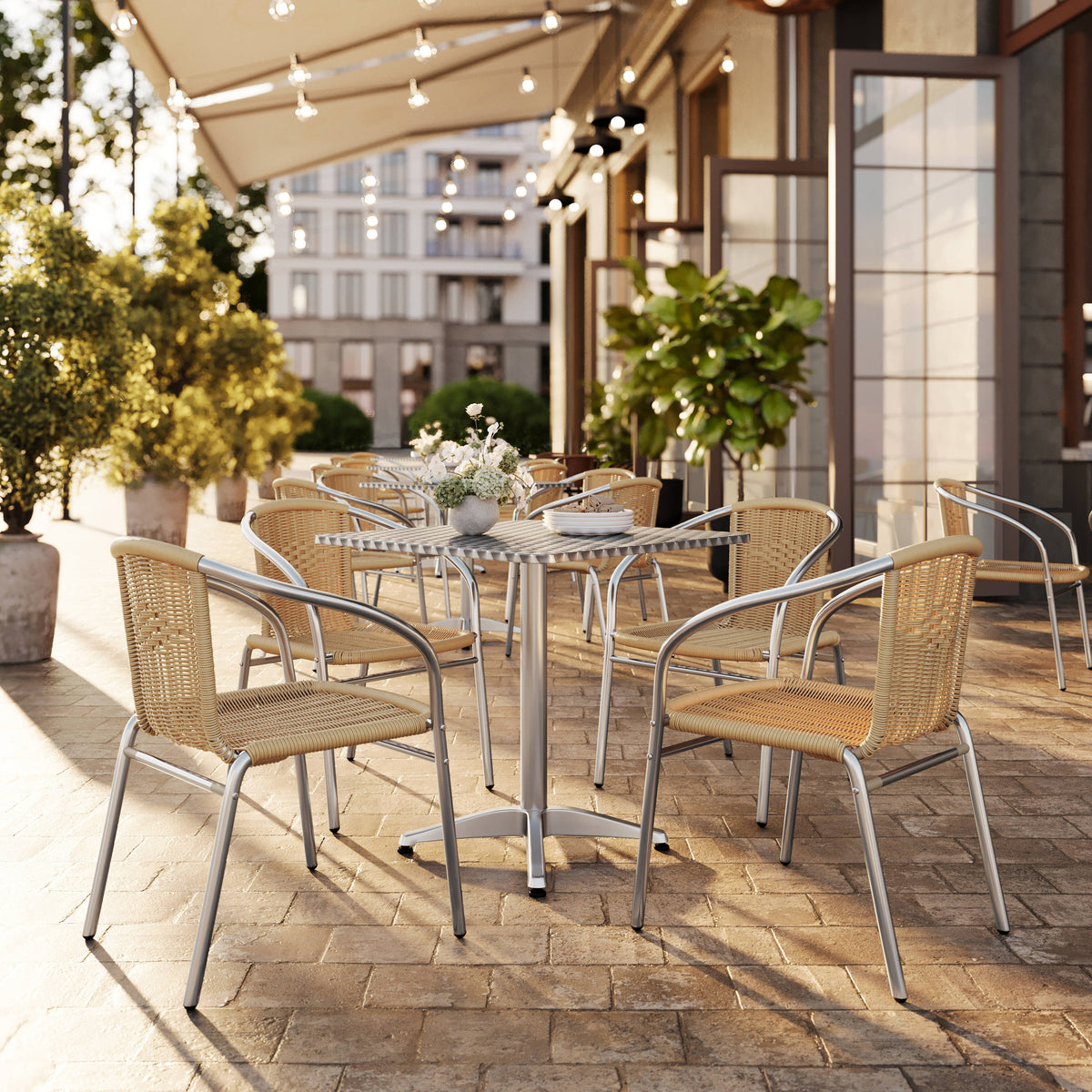 27.5'' Square Aluminum Indoor-Outdoor Table Set with 4 Rattan Chairs - Image 2