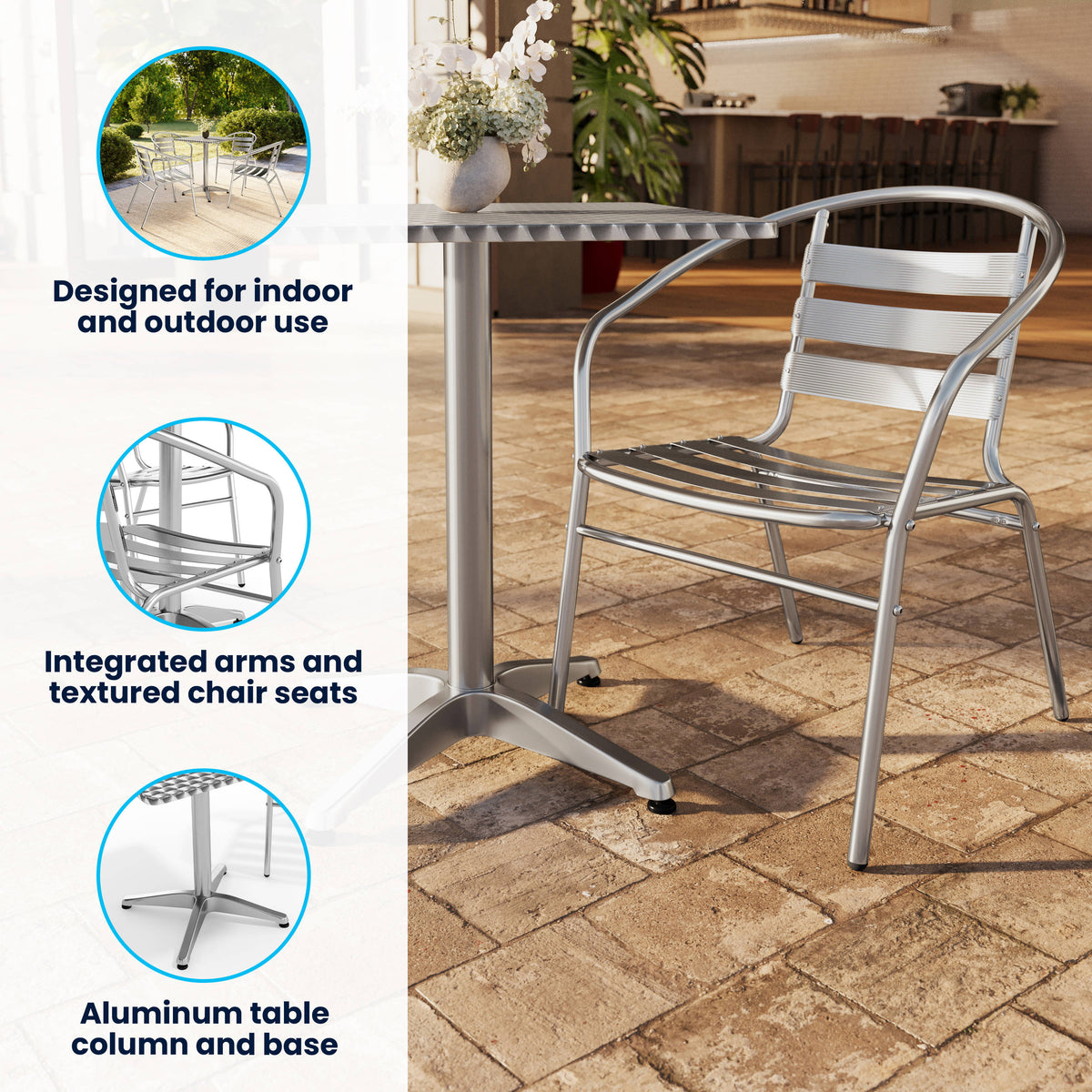 27.5" Square Aluminum Indoor-Outdoor Table Set with 4 Slat Back Chairs - Image 3