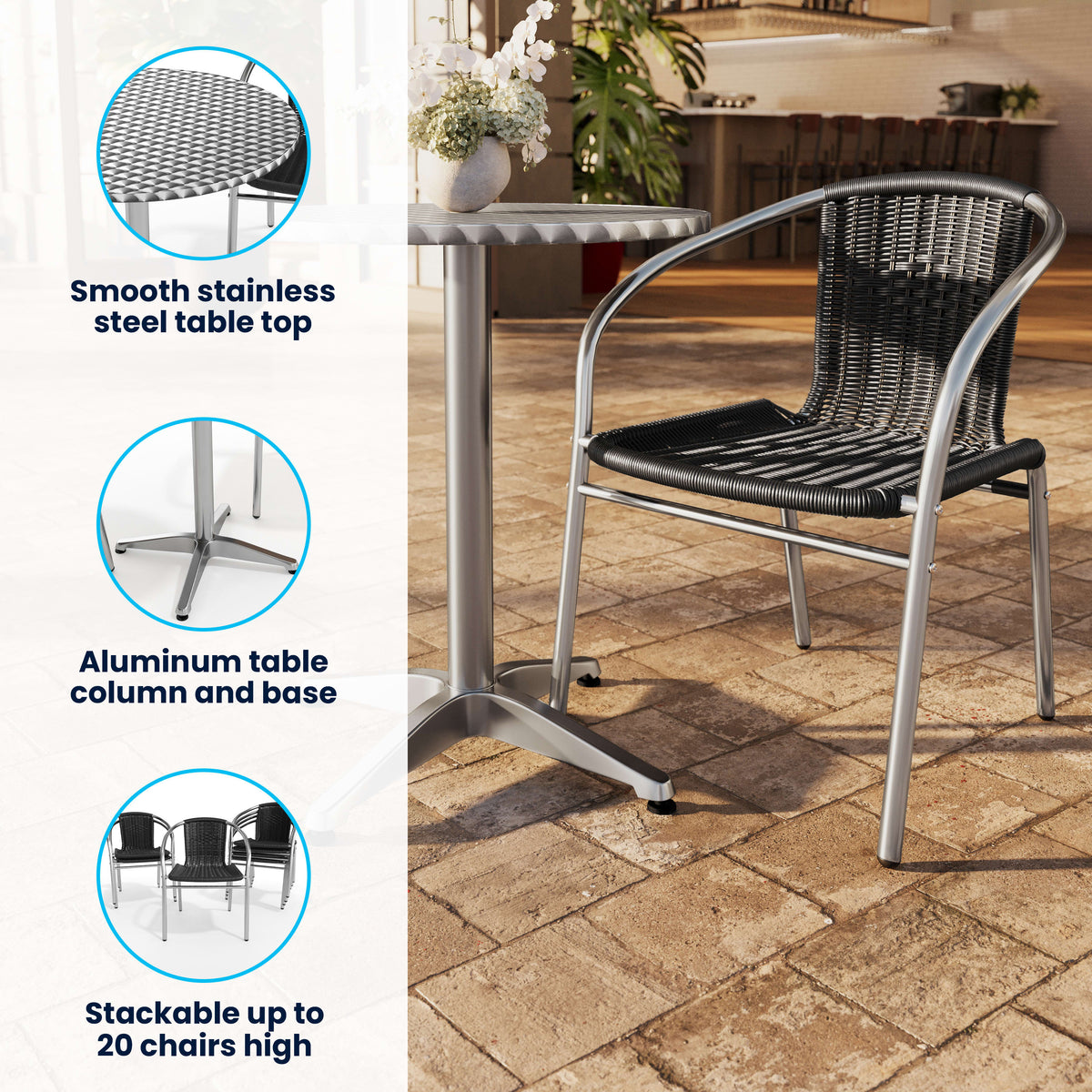 31.5'' Round Aluminum Indoor-Outdoor Table Set with 2 Rattan Chairs - Image 3