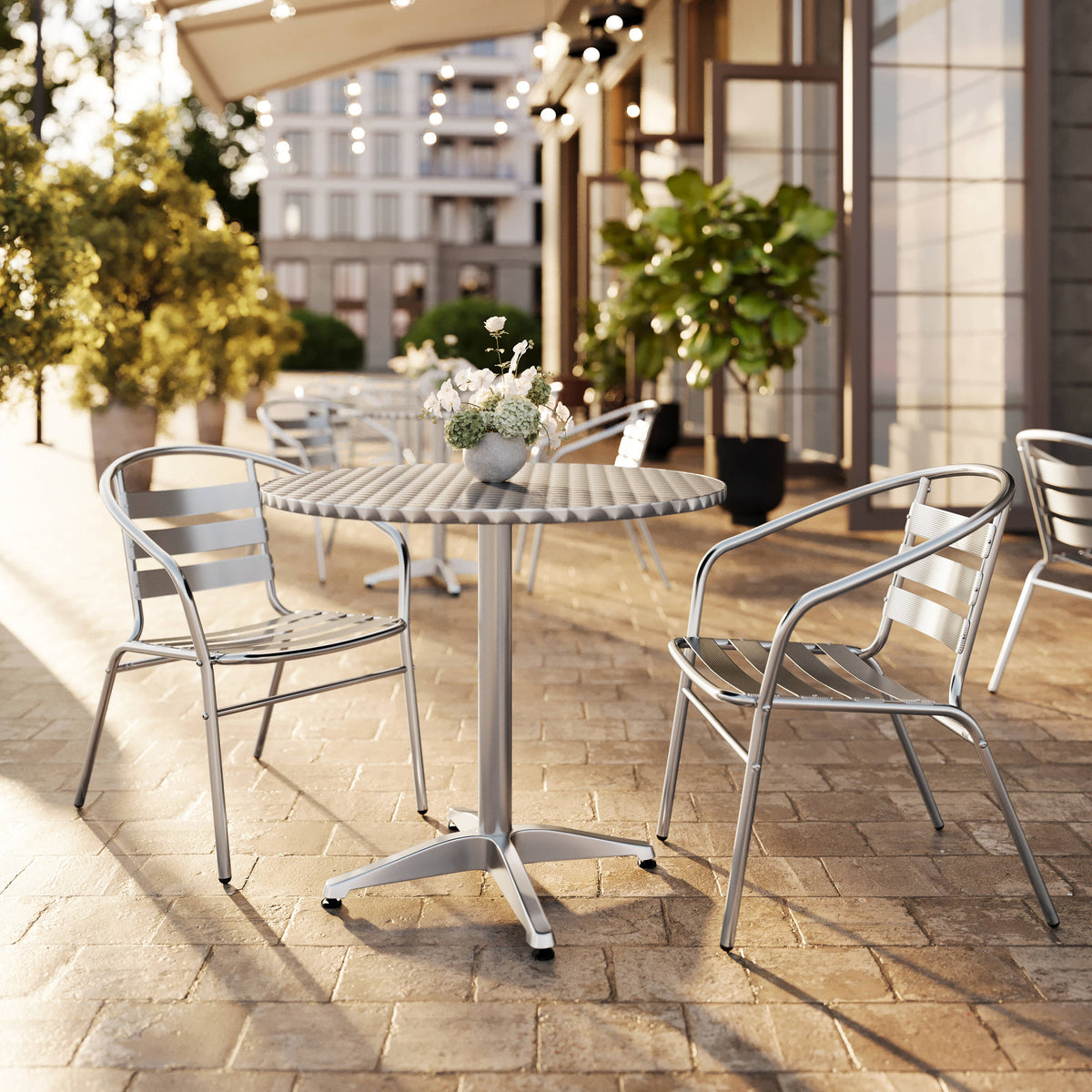 31.5" Round Aluminum Indoor-Outdoor Table Set with 2 Slat Back Chairs - Image 2