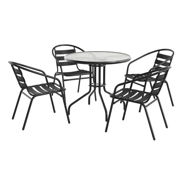 31.5" Round Glass Metal Table with 4 Metal Aluminum Slat Stack Chairs