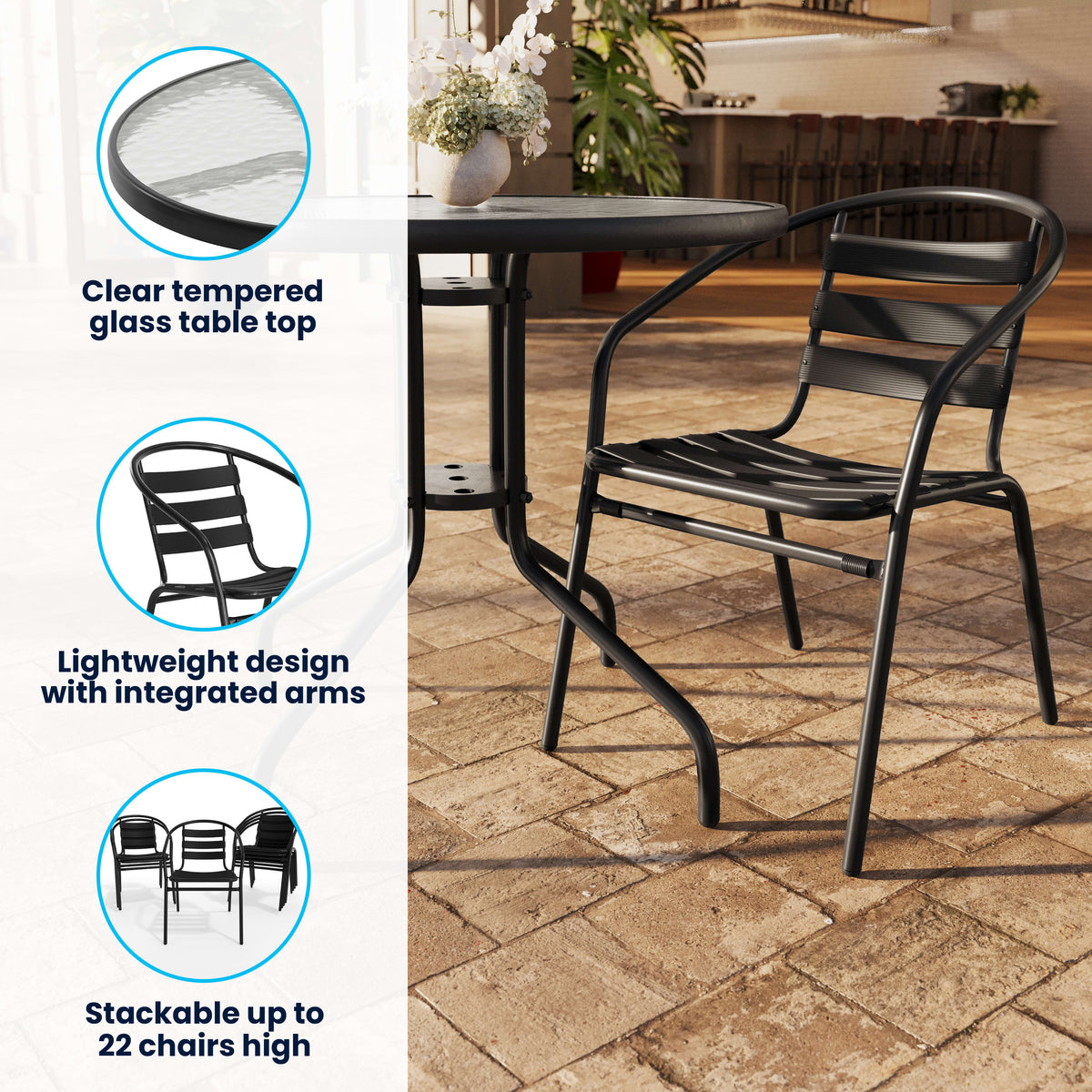 31.5" Round Glass Metal Table with 4 Metal Aluminum Slat Stack Chairs - Image 3