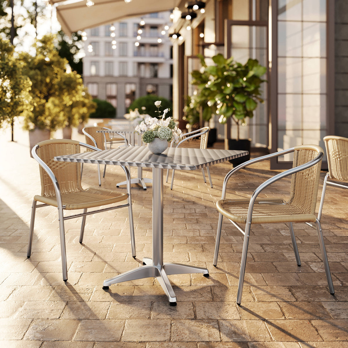 31.5'' Square Aluminum Indoor-Outdoor Table Set with 2 Rattan Chairs - Image 2