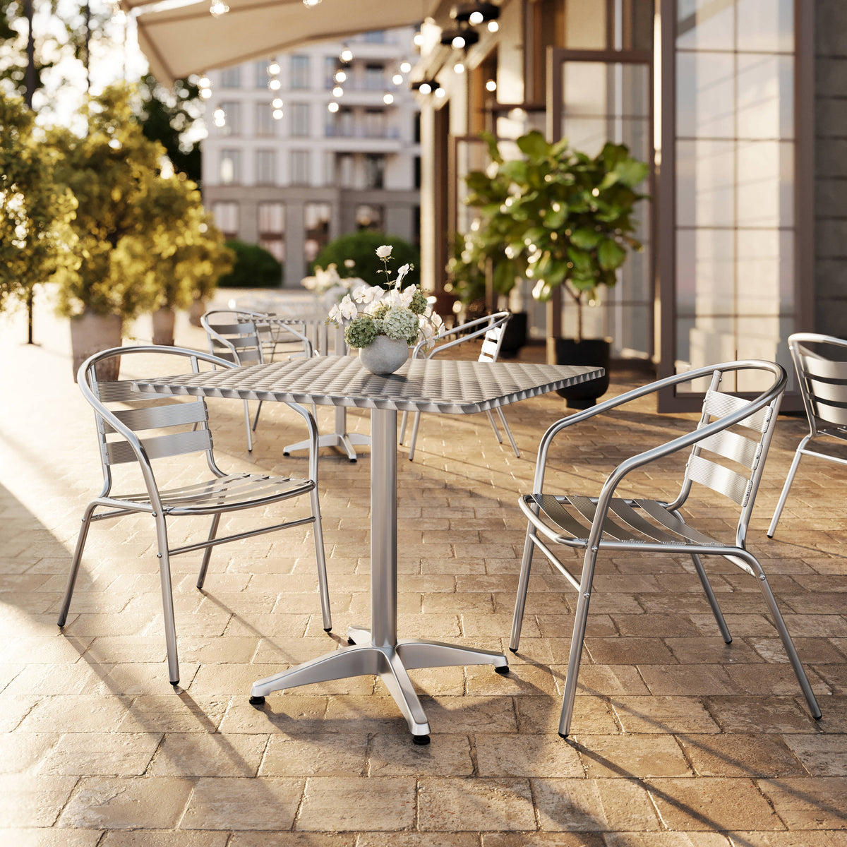31.5" Square Aluminum Indoor-Outdoor Table Set with 2 Slat Back Chairs - Image 2