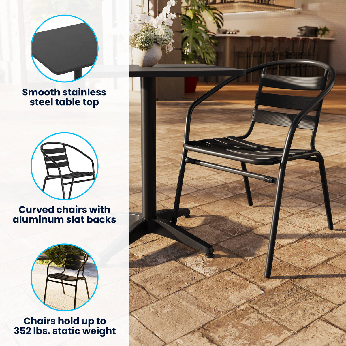 31.5" Square Aluminum Indoor-Outdoor Table Set with 4 Slat Back Chairs - Image 3
