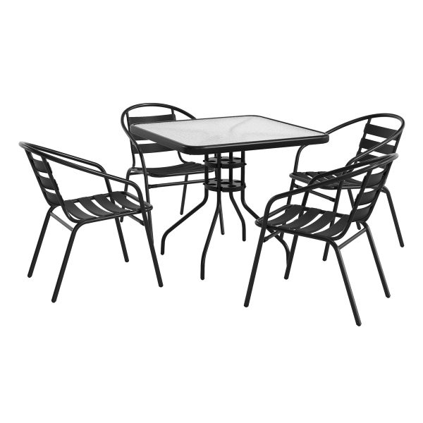 31.5" Square Glass Metal Table with 4 Metal Aluminum Slat Stack Chairs