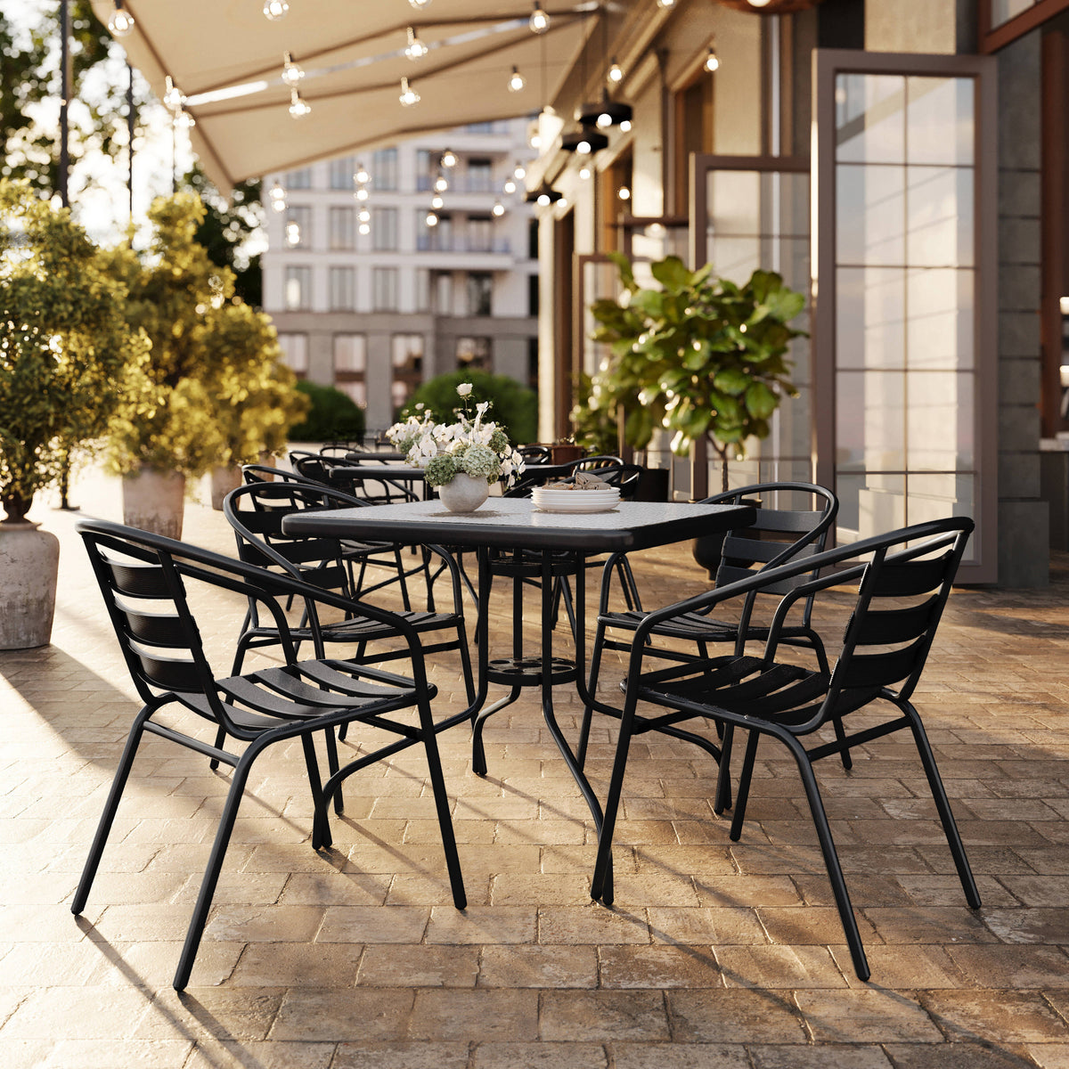 31.5" Square Glass Metal Table with 4 Metal Aluminum Slat Stack Chairs - Image 2