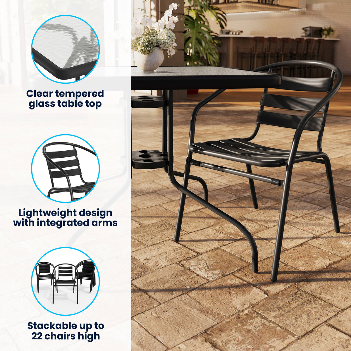 31.5" Square Glass Metal Table with 4 Metal Aluminum Slat Stack Chairs - Image 3