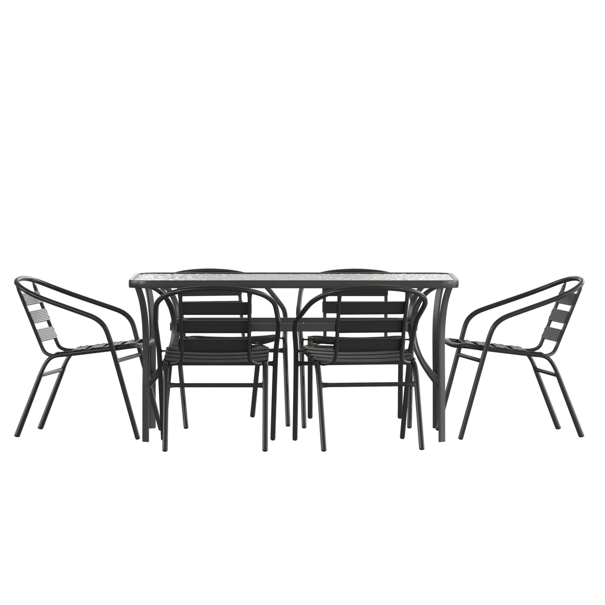 Commercial Patio Dining Set with Tempered Glass Top Table and 6 Chairs