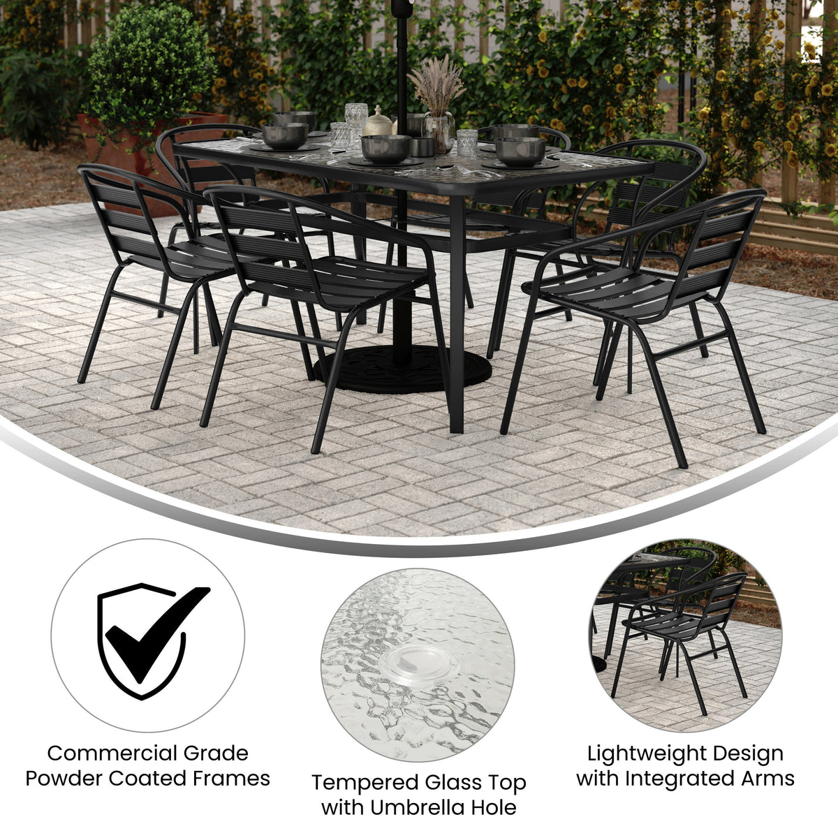 Commercial Patio Dining Set with Tempered Glass Top Table and 6 Chairs - Image 3