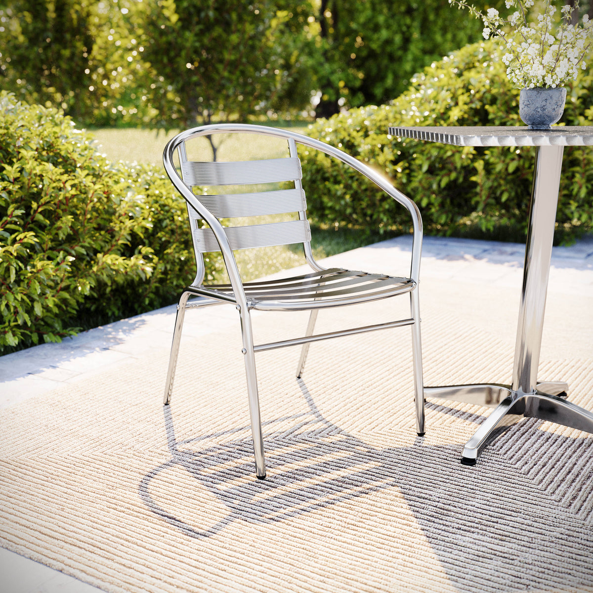Commercial Aluminum Indoor-Outdoor Stack Chair with Triple Slat Back and Arms - Image 2
