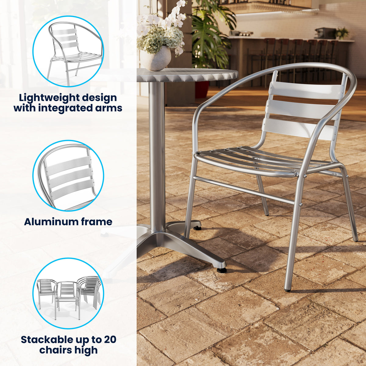 Commercial Aluminum Indoor-Outdoor Stack Chair with Triple Slat Back and Arms - Image 3