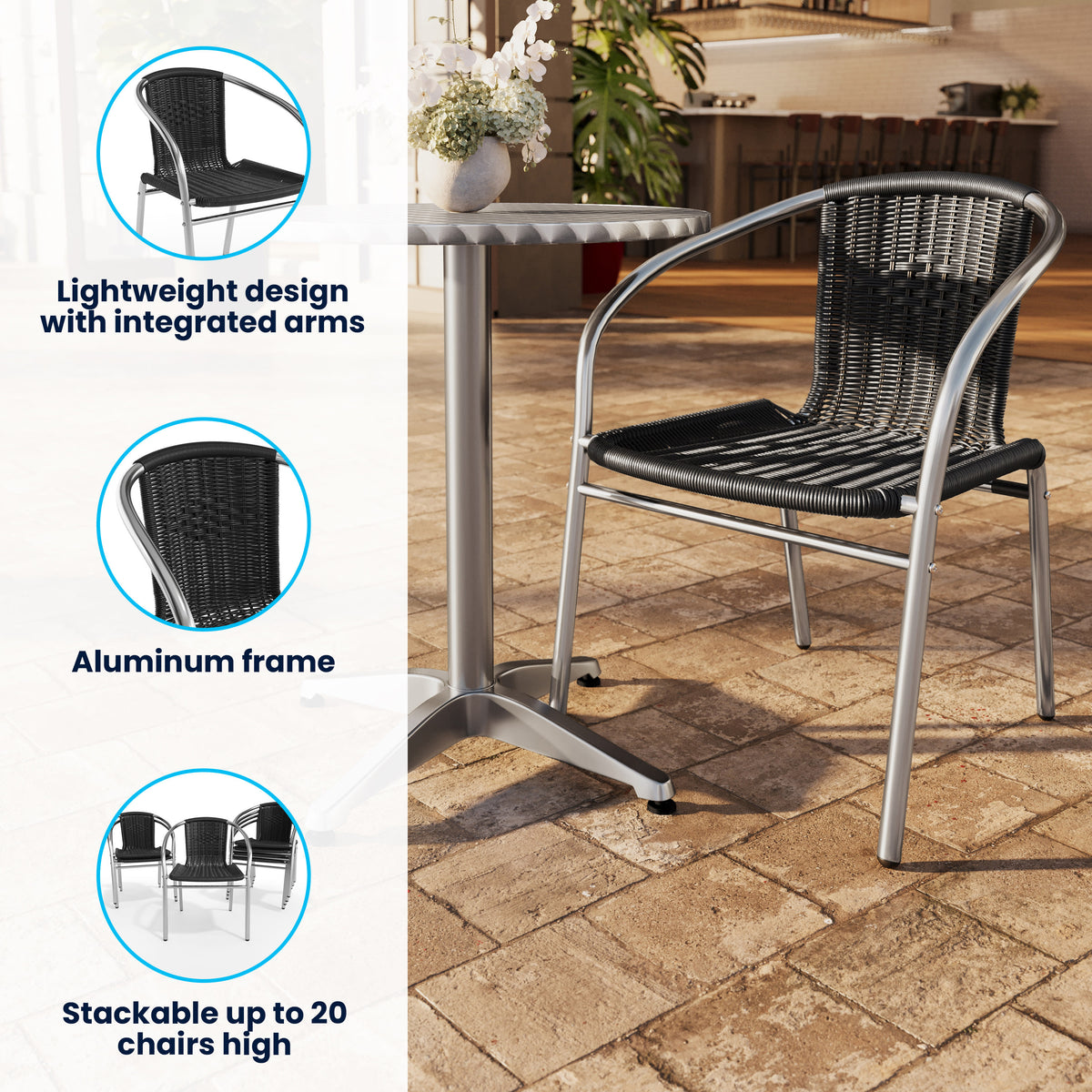 Aluminum and Rattan Commercial Indoor-Outdoor Restaurant Stack Chair - Image 3