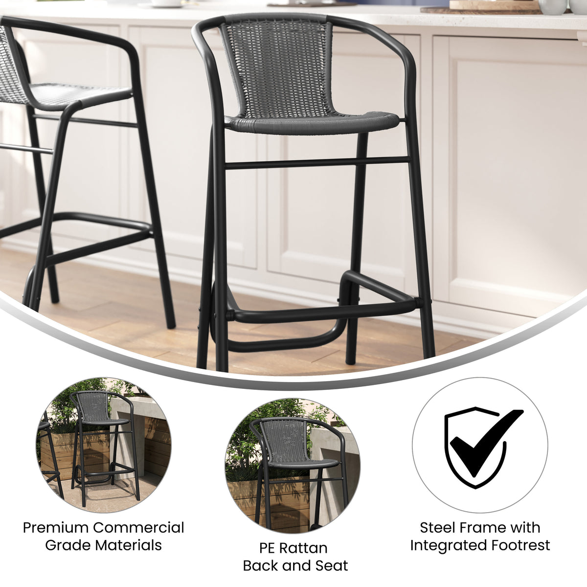 Commercial Indoor-Outdoor Rattan Restaurant Barstool with Aluminum Frame - Image 3