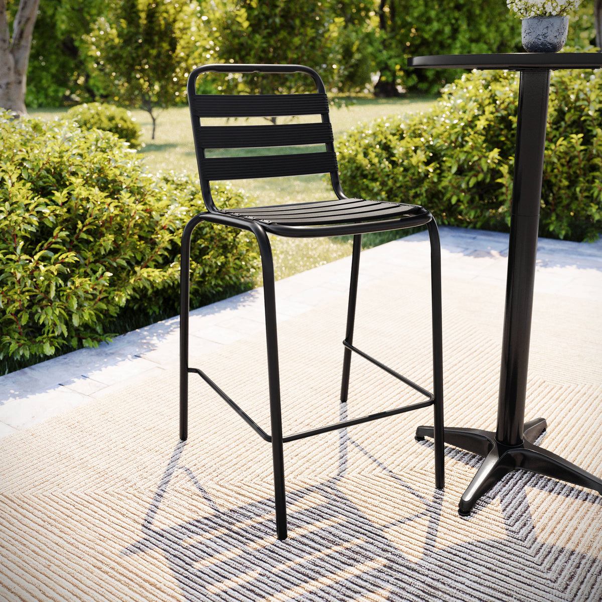 Commercial Indoor-Outdoor Restaurant Stack Stool with Triple Slat Back - Image 2