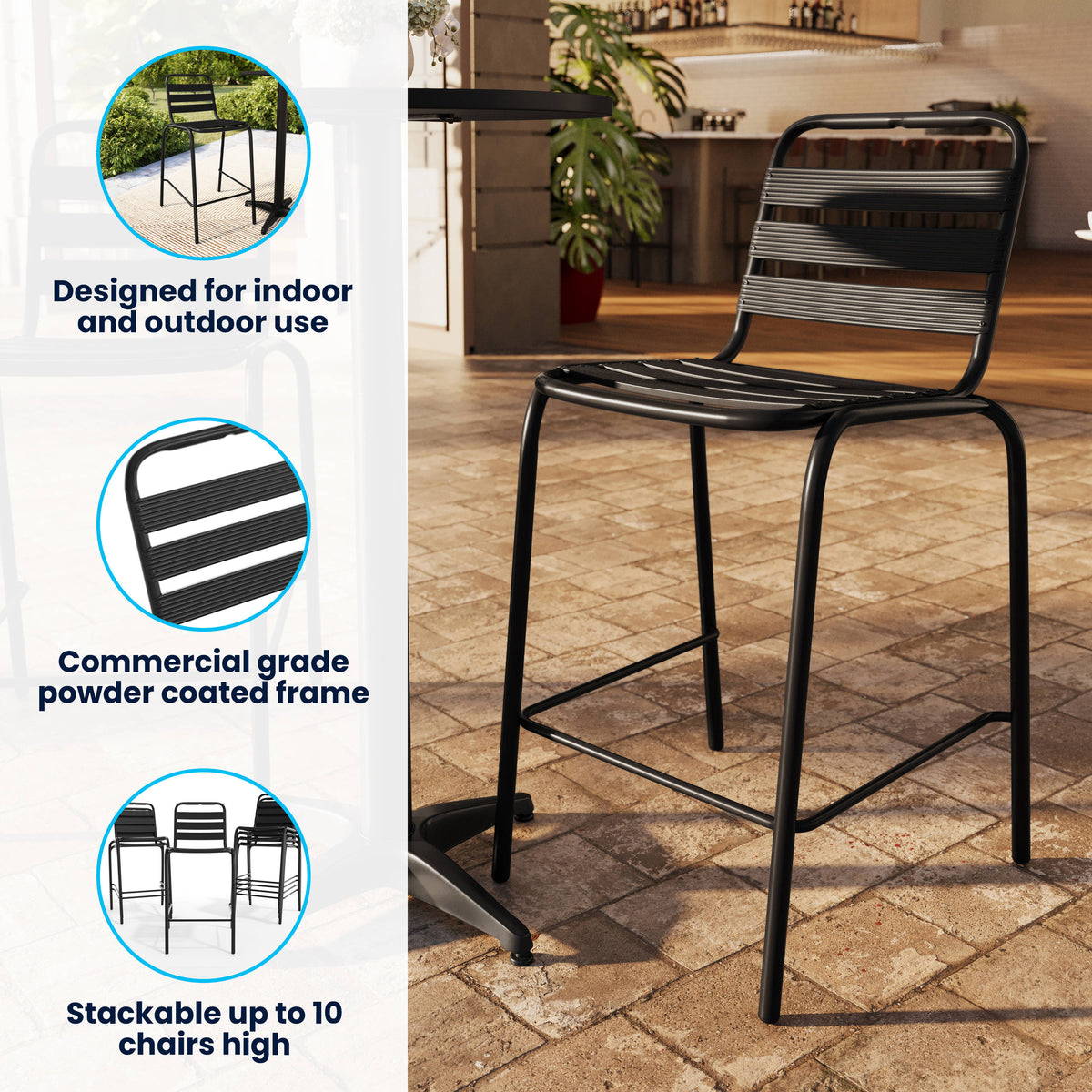 Commercial Indoor-Outdoor Restaurant Stack Stool with Triple Slat Back - Image 3