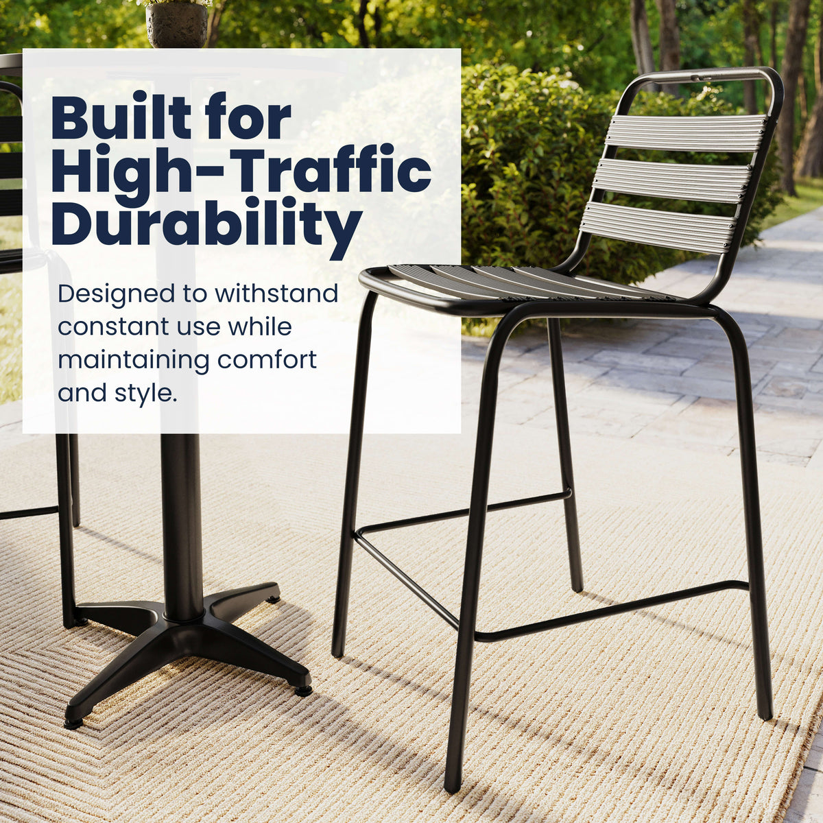 Commercial Indoor-Outdoor Restaurant Stack Stool with Triple Slat Back - Image 4