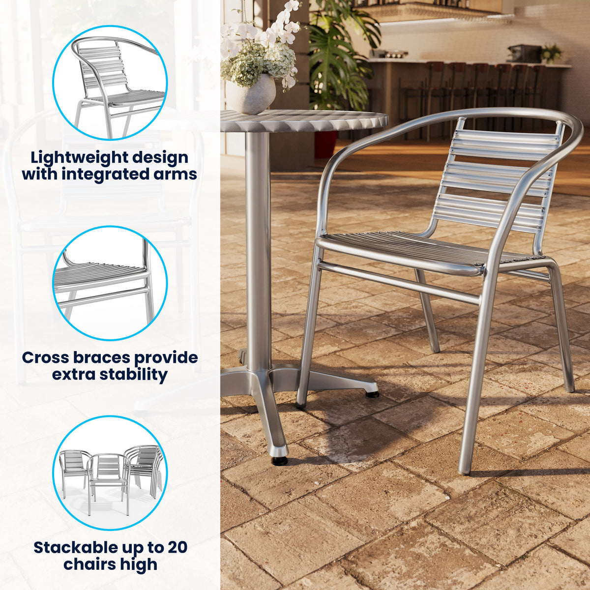 Heavy Duty Commercial Aluminum Indoor-Outdoor Slat-Back Restaurant Stack Chair - Image 3