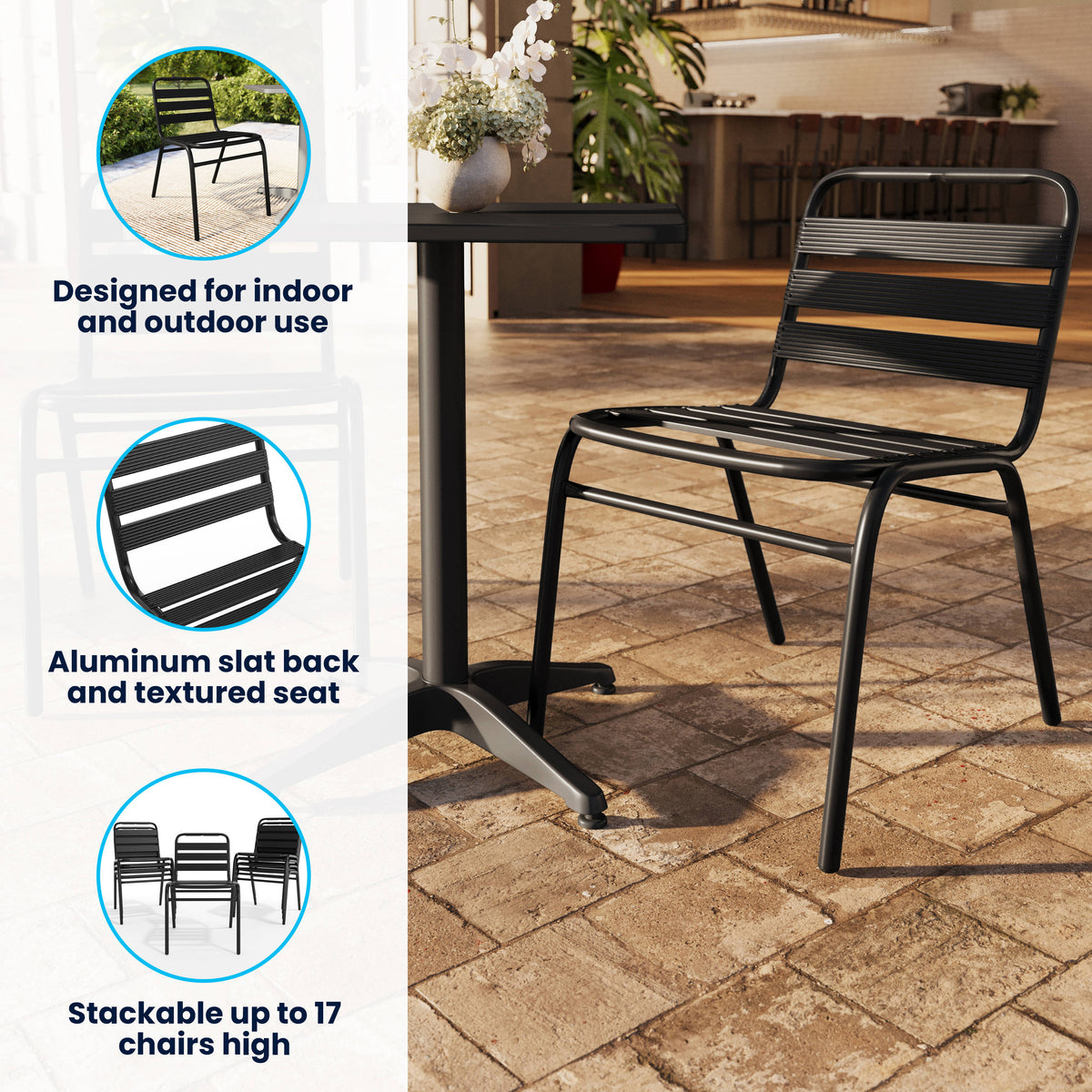 Commercial Metal Indoor-Outdoor Restaurant Stack Chair with Triple Slat Back - Image 3