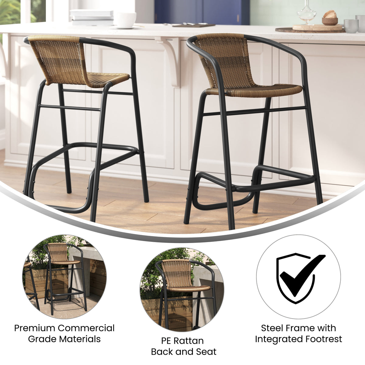 Commercial Indoor-Outdoor Rattan Restaurant Barstool with Aluminum Frame-Set of 2 - Image 3