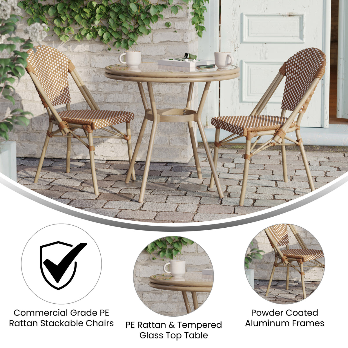 Indoor/Outdoor Commercial Bistro Set with Table and Two Chairs - Image 3