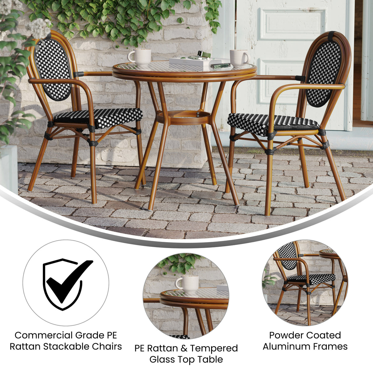 Indoor/Outdoor Commercial Bistro Set with Table and Two Chairs - Image 3
