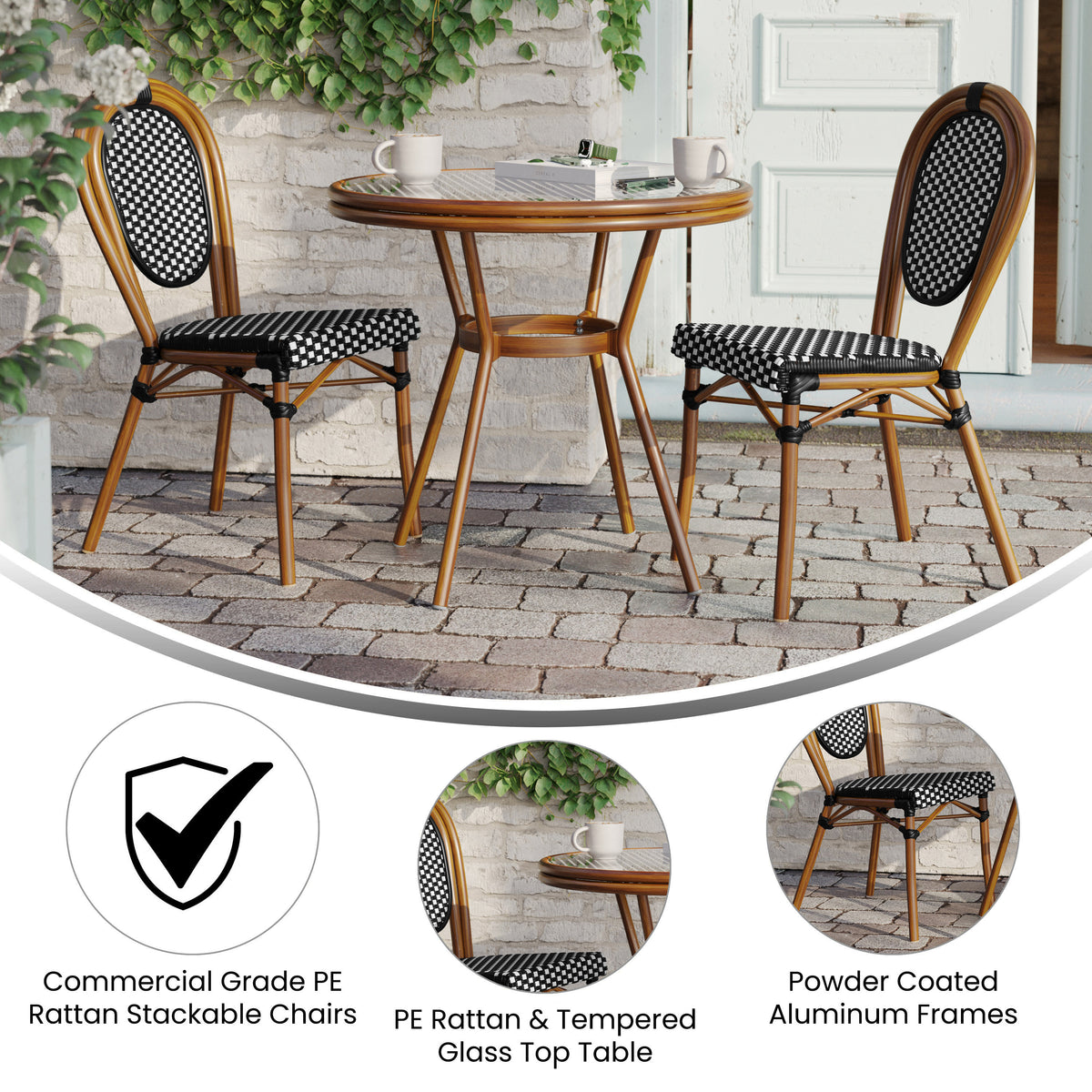 Indoor/Outdoor Commercial Bistro Set with Table and Two Chairs - Image 3