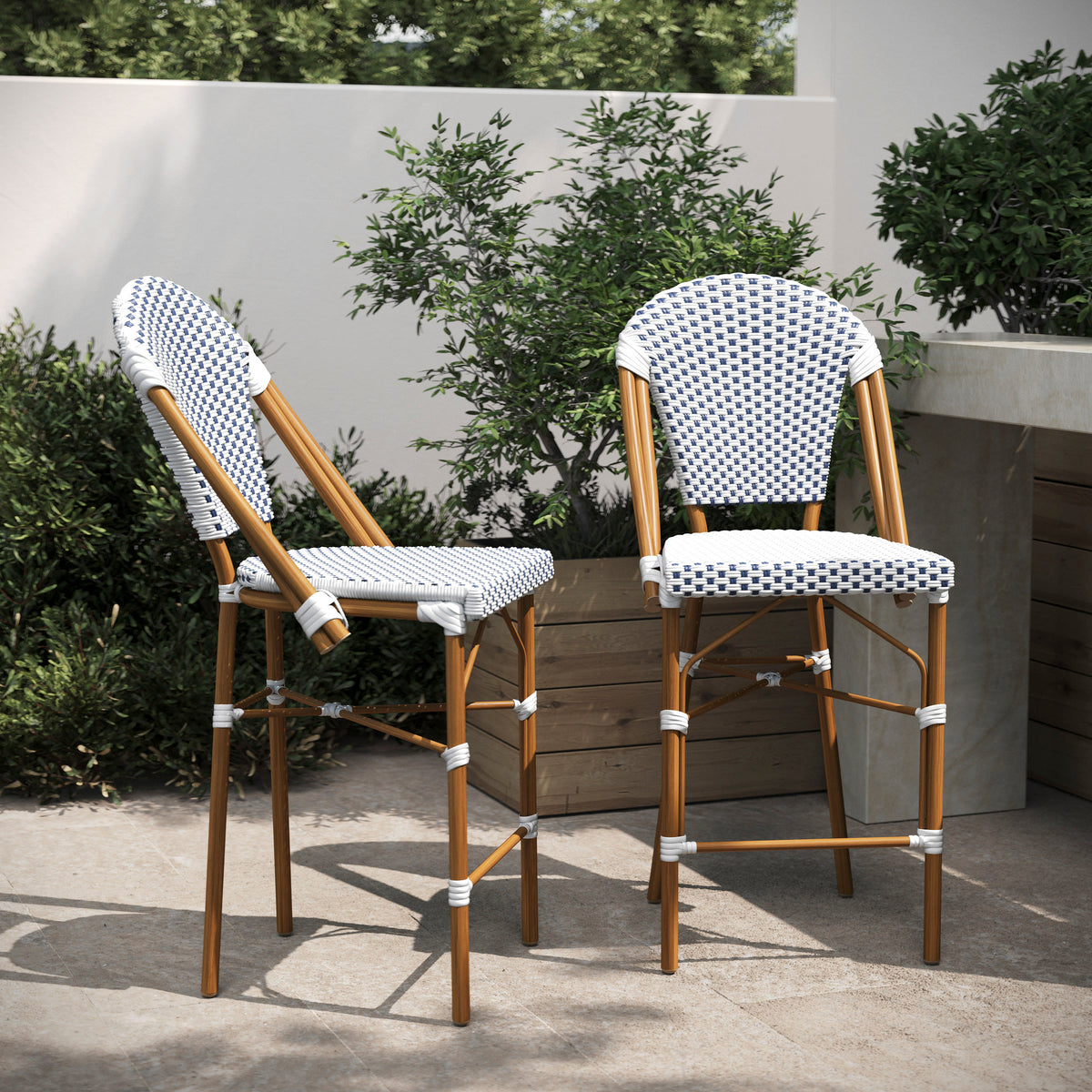 2 Pack All-Weather Commercial Paris Stools with Bamboo Print Frame - Image 3