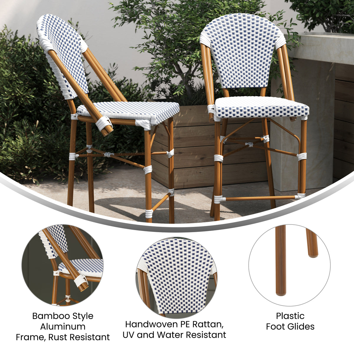 2 Pack All-Weather Commercial Paris Stools with Bamboo Print Frame - Image 4