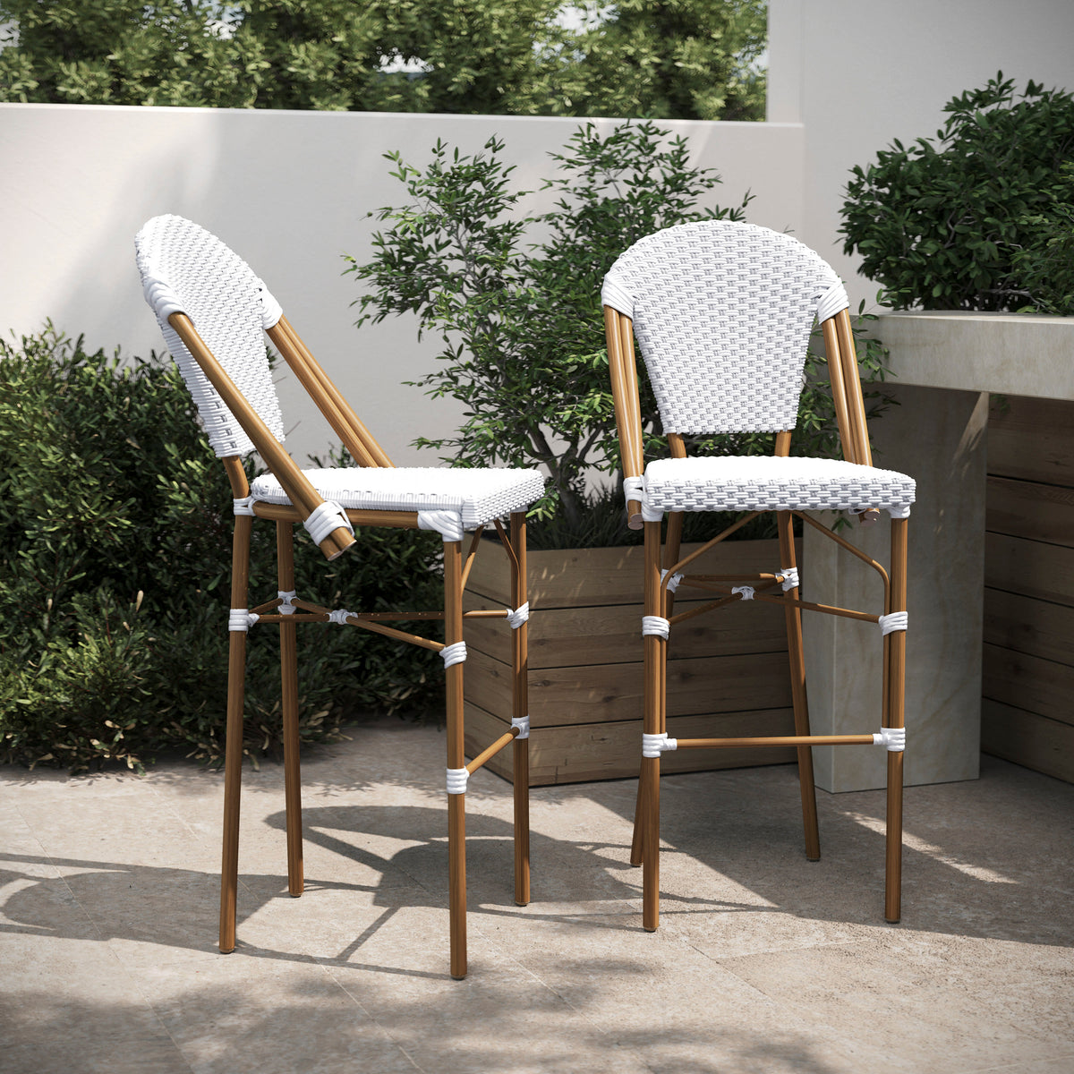 2 Pack All-Weather Commercial Paris Stools with Bamboo Print Frame - Image 3