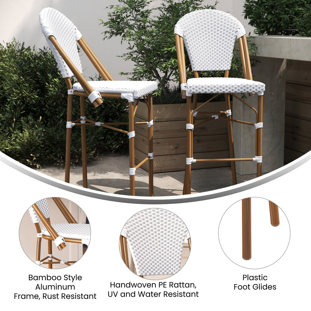 2 Pack All-Weather Commercial Paris Stools with Bamboo Print Frame - Image 4