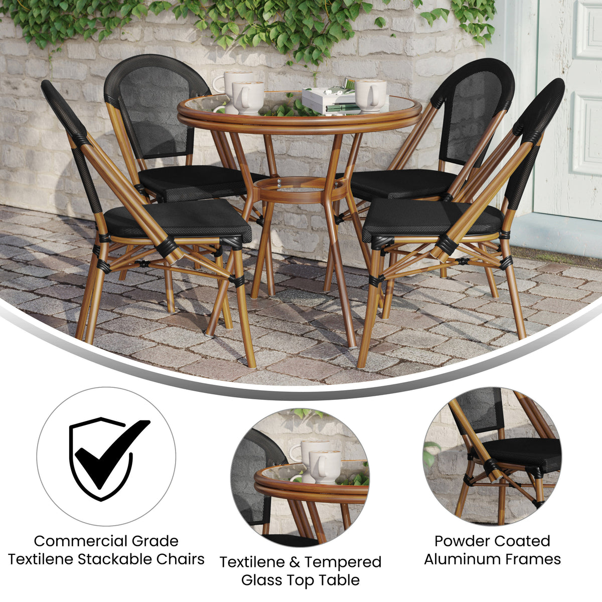 Indoor/Outdoor Commercial Bistro Set with Table and Four Chairs - Image 3