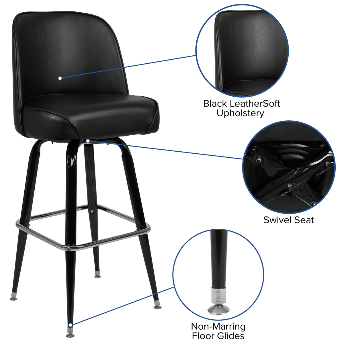 Metal Barstool with Swivel Vinyl Upholstered Bucket Seat and Footrest - Image 3