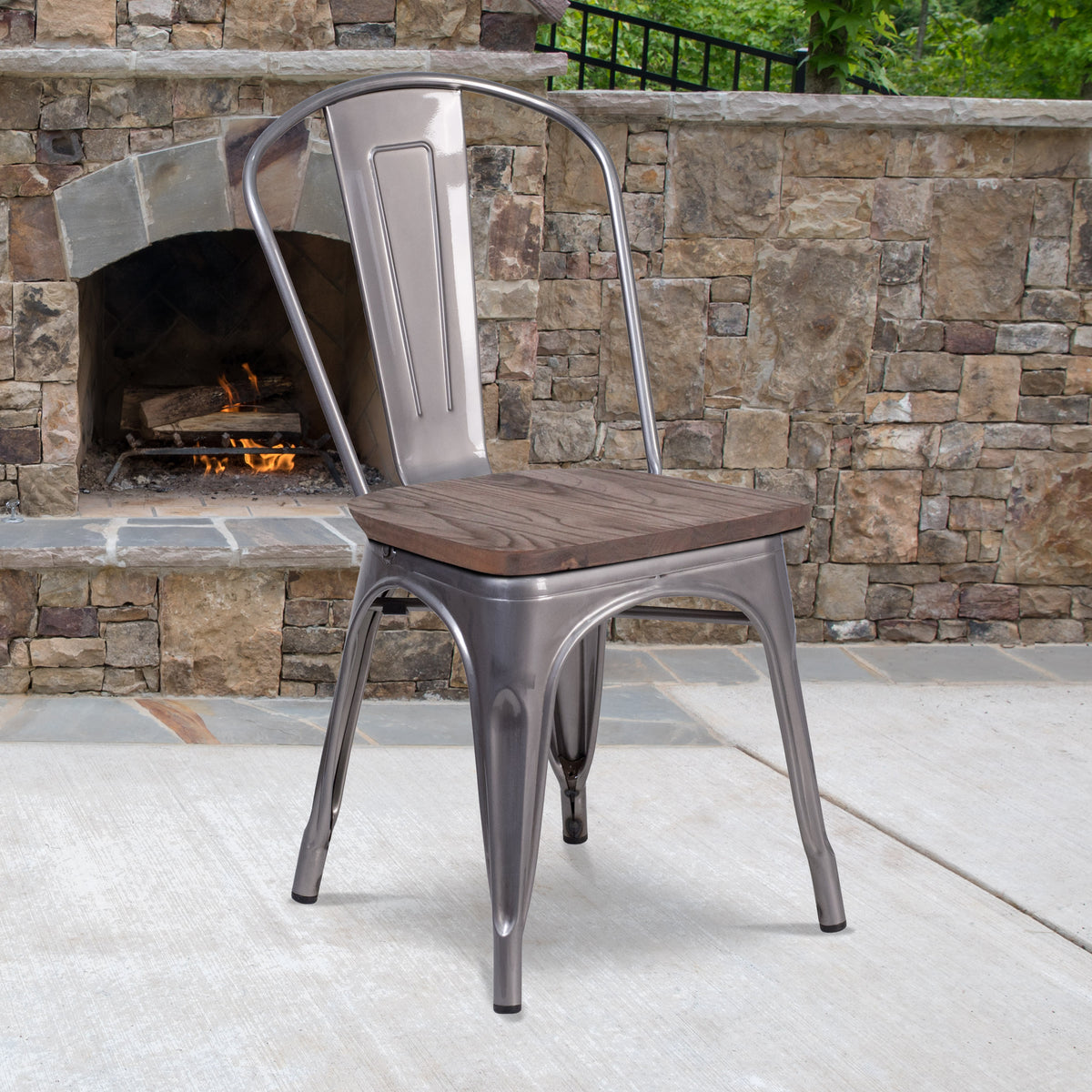 Clear Coated Metal Stackable Chair with Wood Seat - Image 2