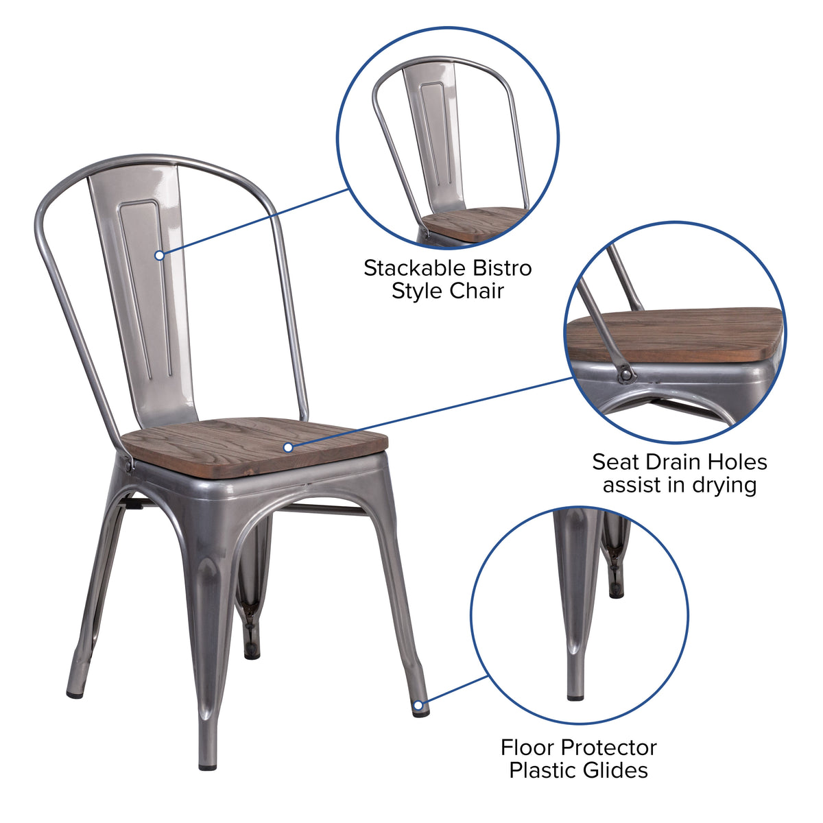 Clear Coated Metal Stackable Chair with Wood Seat - Image 3